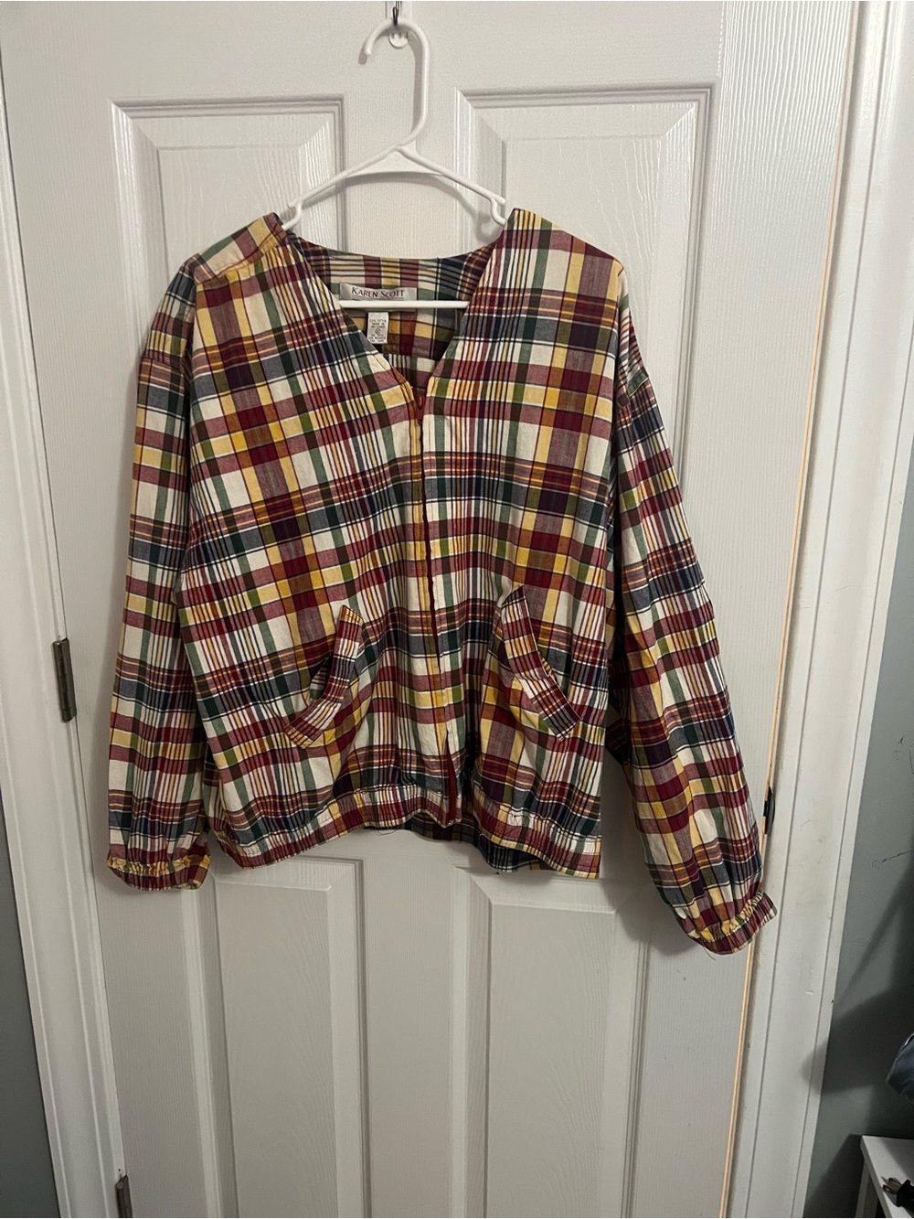 Karen Scott Plaid Bomber Jacket in Burgundy, Mustard & Cream